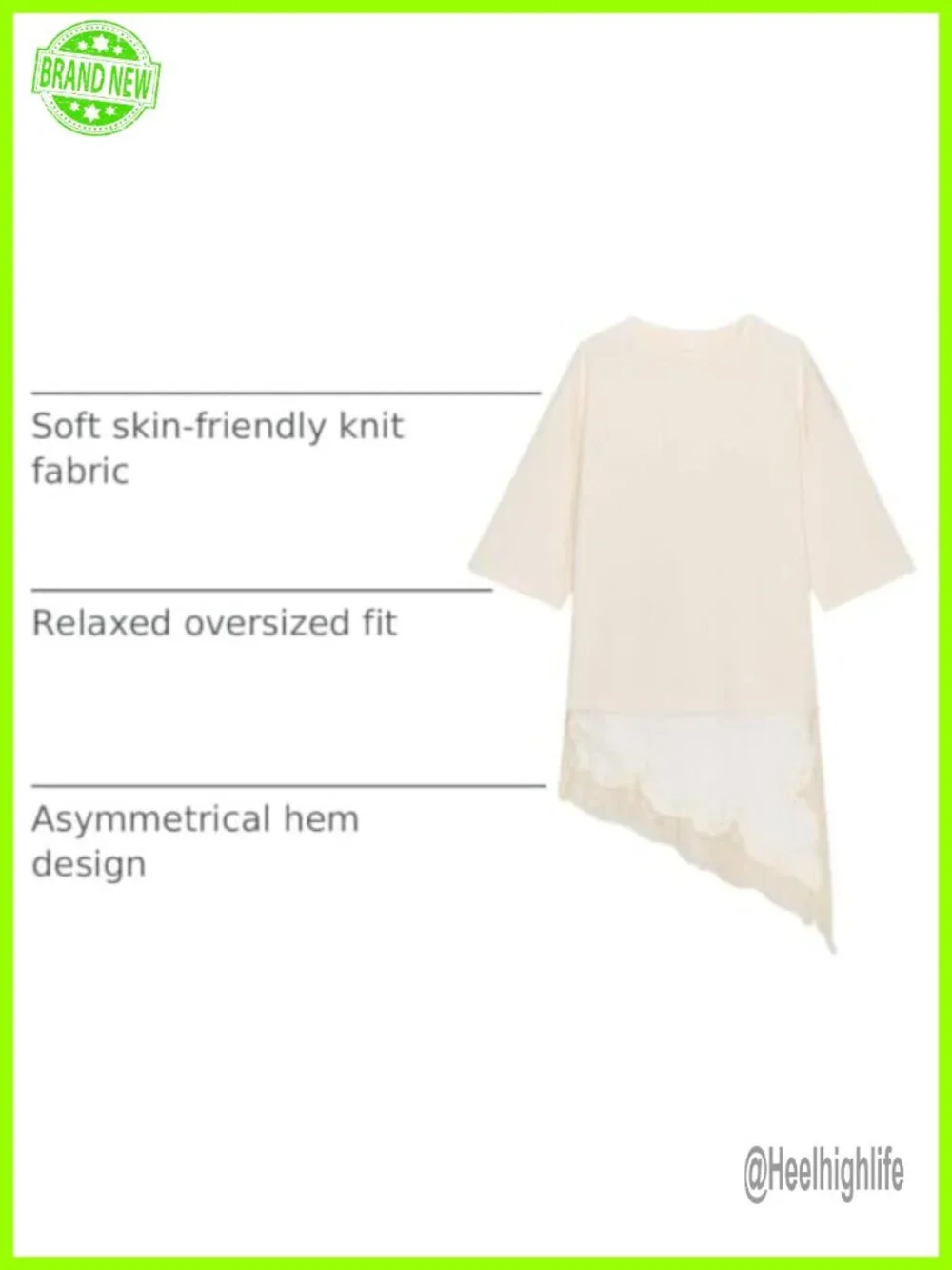 Lace T-Shirt Oversized Crewneck Short Sleeve Asymmetrical Hem Womens Tee